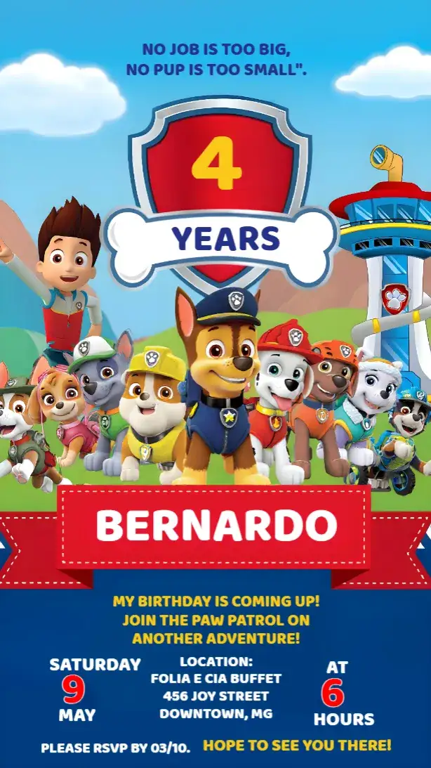 Invitation Paw Patrol Kids – Kids' Birthday Party theme colorful, themed, fun, childish, modern