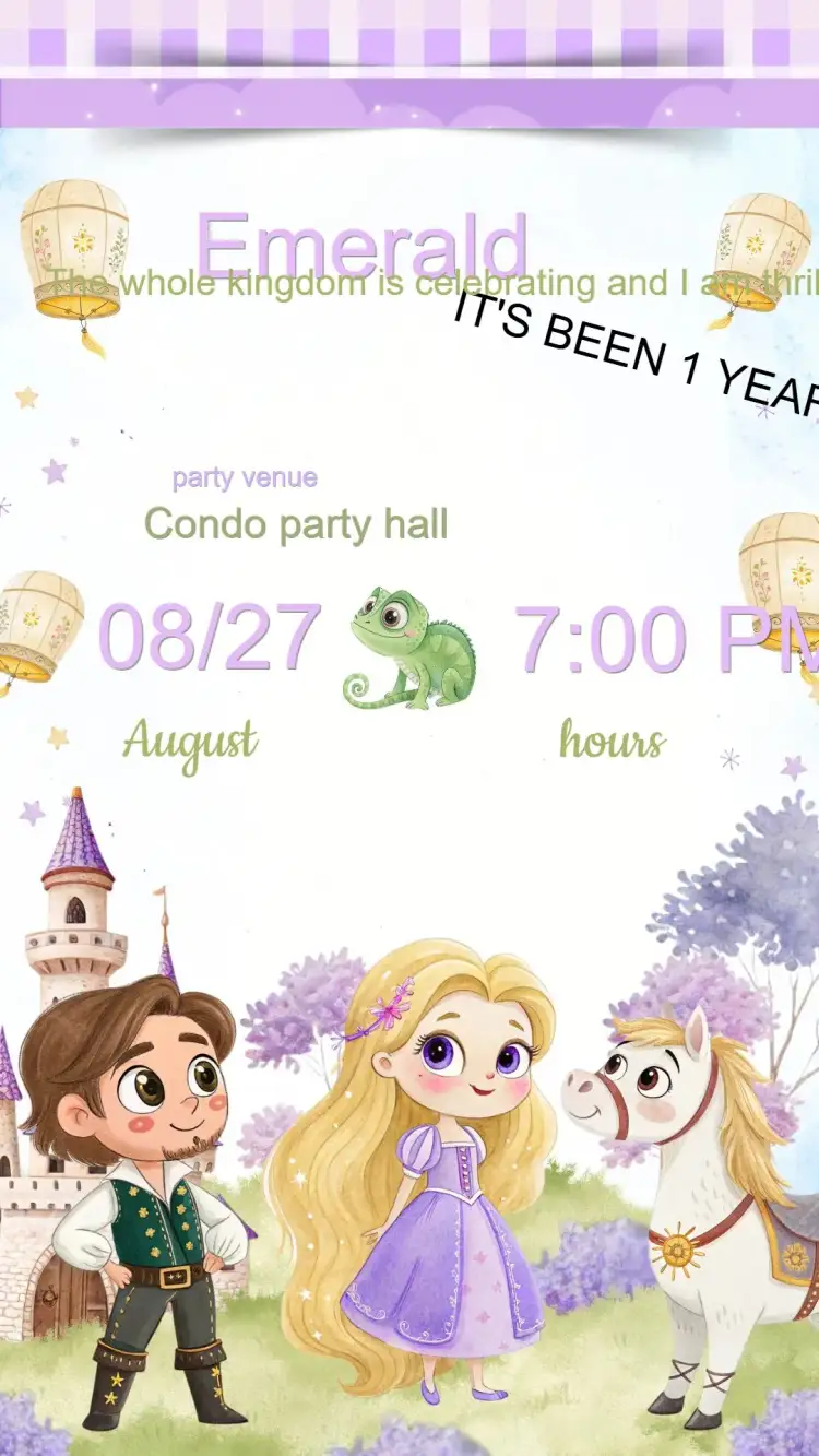 Invitation Rapunzel Birthday Invitation Tangled – Kids' Birthday Party theme pastel colors, floral elements, princess illustrations, playful style, enchanted details