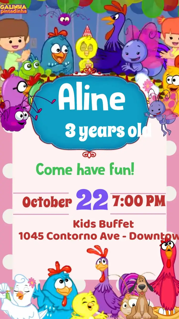 Invitation Galinha Pintadinha – Kids' Birthday Party theme colorful, fun, playful, childish, playful, themed