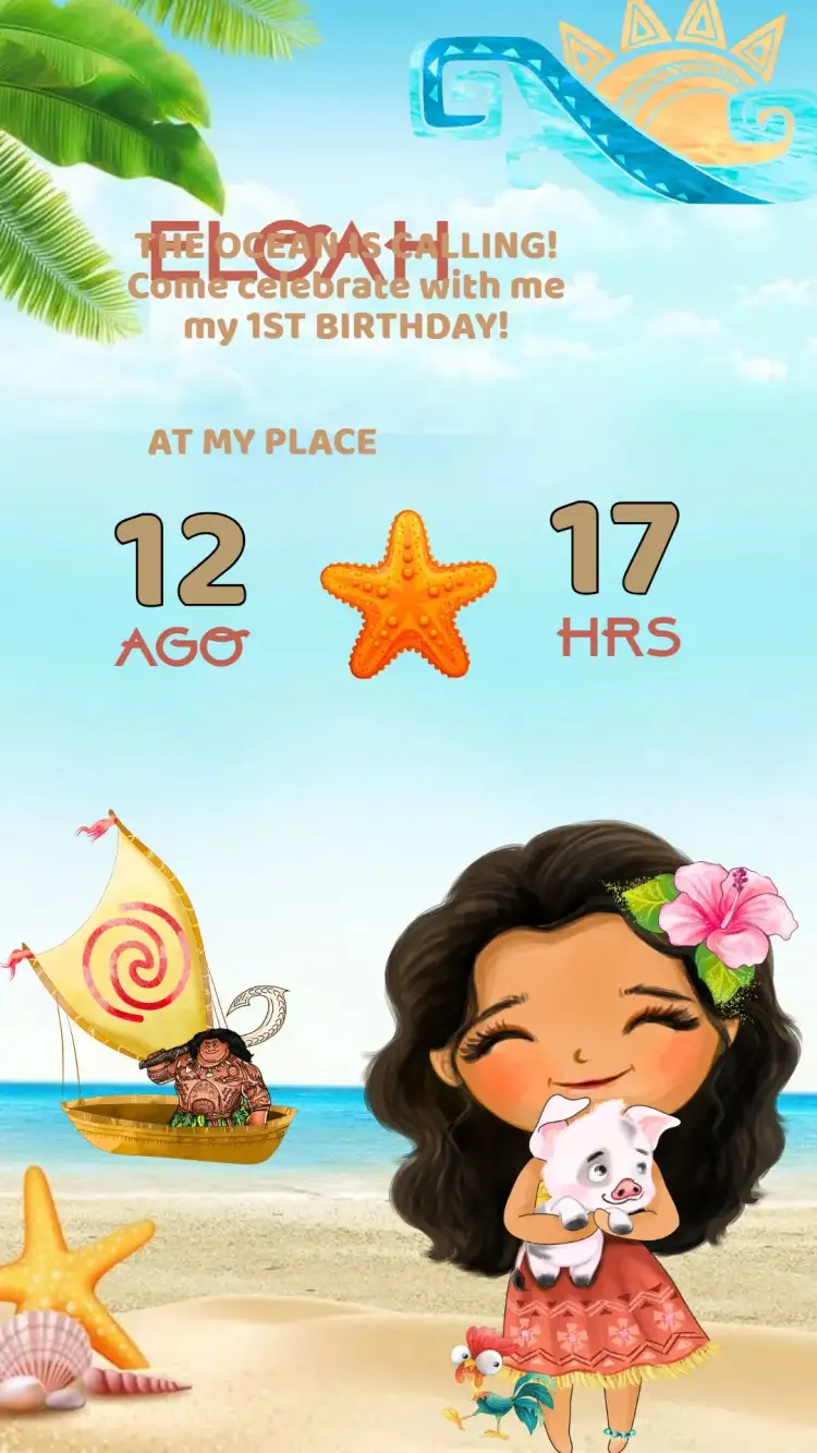 Invitation Moana Birthday Invitation – Kids' Birthday Party theme tropical, colorful, adventure, maritime, Disney, children's illustration