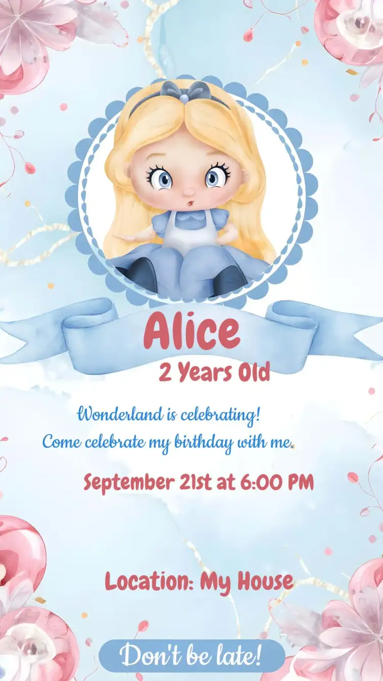 Invitation Alice In Wonderland Cat – Commemorative Dates theme watercolor, blue, children's theme, playful graphic elements, magical, light-hearted