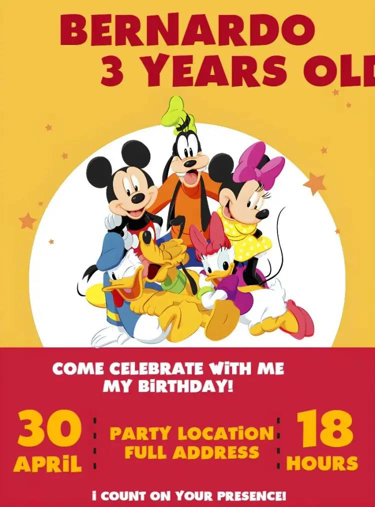 Invitation Yellow Mickey Gang – Kids' Birthday Party theme colorful, fun, themed, childlike, vibrant