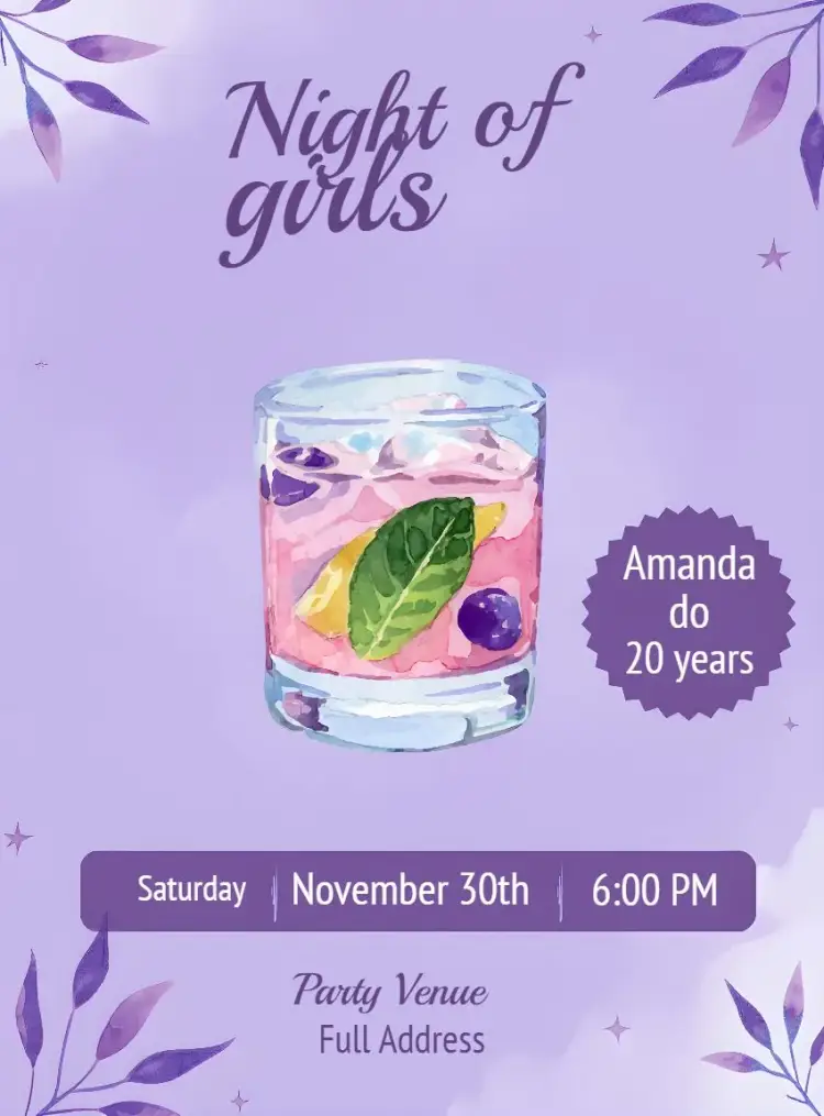 Invite Girls' Purple Adult Night editable and customizable