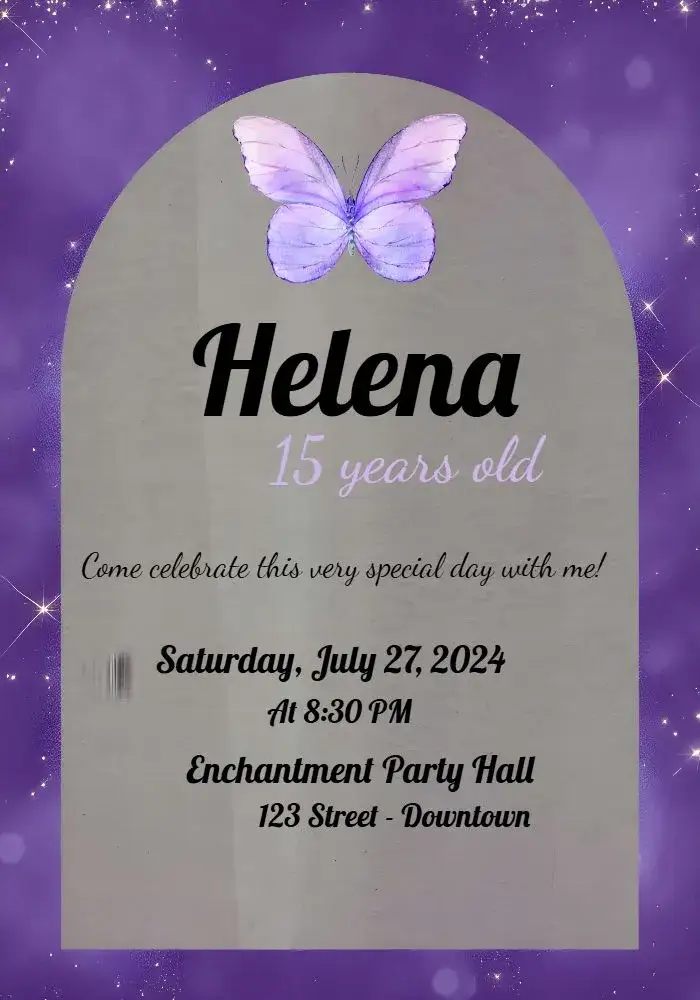 Invitation 15 Years Butterfly Luxury – Sweet 15 theme elegant, modern, glitter, lilac and black, butterfly
