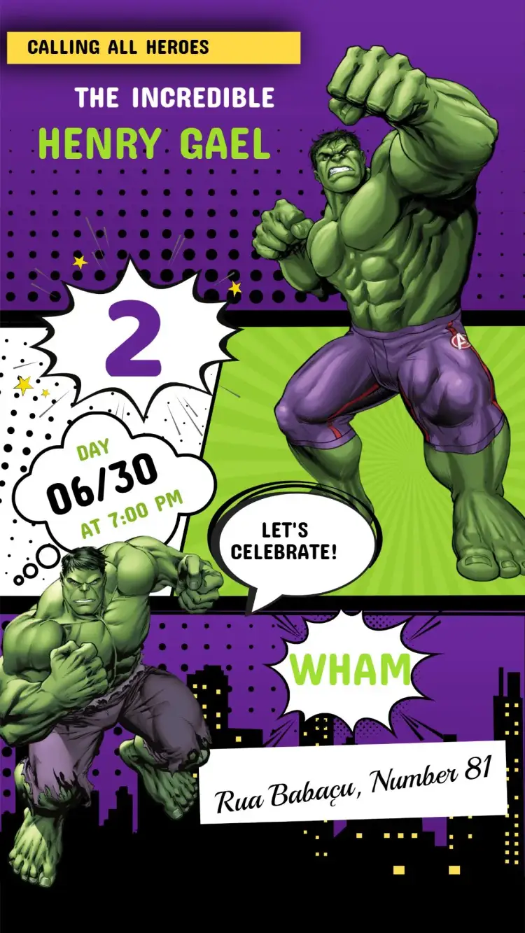 Invitation Hulk Birthday Invitation – Kids' Birthday Party theme superhero-themed, vibrant green, colorful carnival, adventure-filled, fun-filled, dynamic