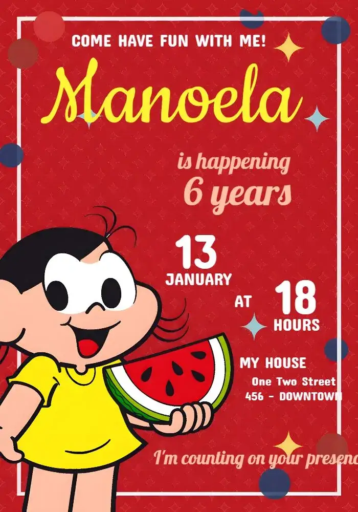 Invitation Magali Monica's Gang Watermelon – Kids' Birthday Party theme colorful, fun, childish, fruity, lively, Monica's Gang