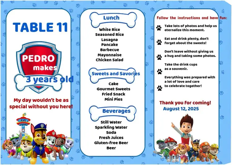 Invitation Menu Triângulo Patrulha Canina – Kids' Birthday Party theme colorful, modern, fun, childish, themed