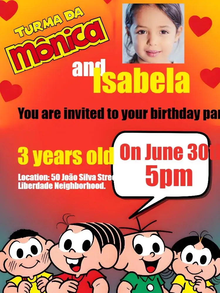 Invitation Turma Da Mônica With White Photo – Kids' Birthday Party theme white, colorful, fun, childish, playful