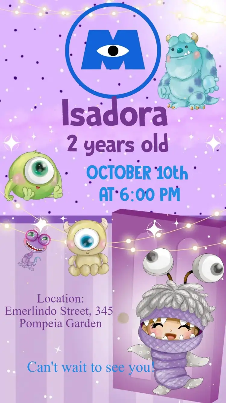 Invitation Monsters Inc. Baby – Kids' Birthday Party theme colorful, fun, monster illustrations, cartoon style, adventure theme, cheerful