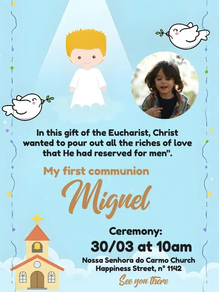 Invitation First Communion Boy With Angel Photo – First Communion theme soft blue, little angels, Catholic elements, modern design, delicate illustrations
