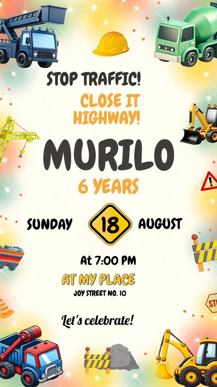 Invitation Colorful Construction Machines – Raffle Tea theme colorful, childlike, construction machines, fun, rustic theme, animated illustrations