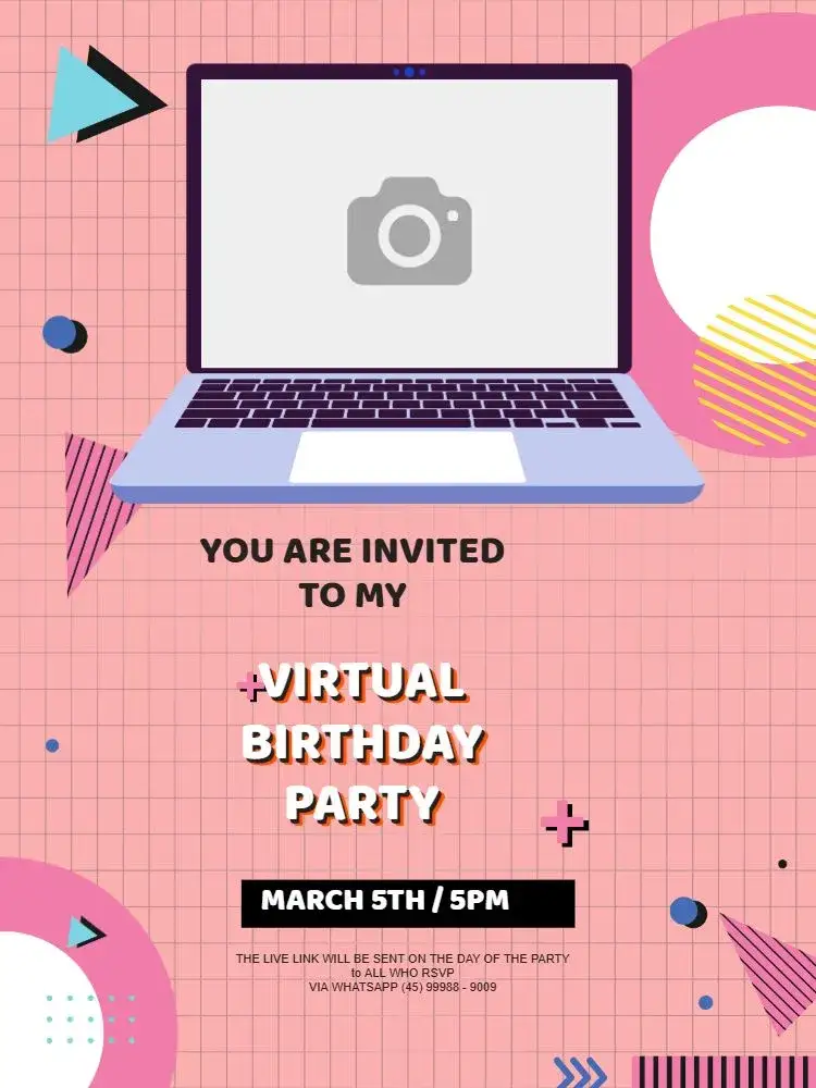 Invitation Pink Virtual Party – Kids' Birthday Party theme geometric, colorful, 90s-themed, modern, fun