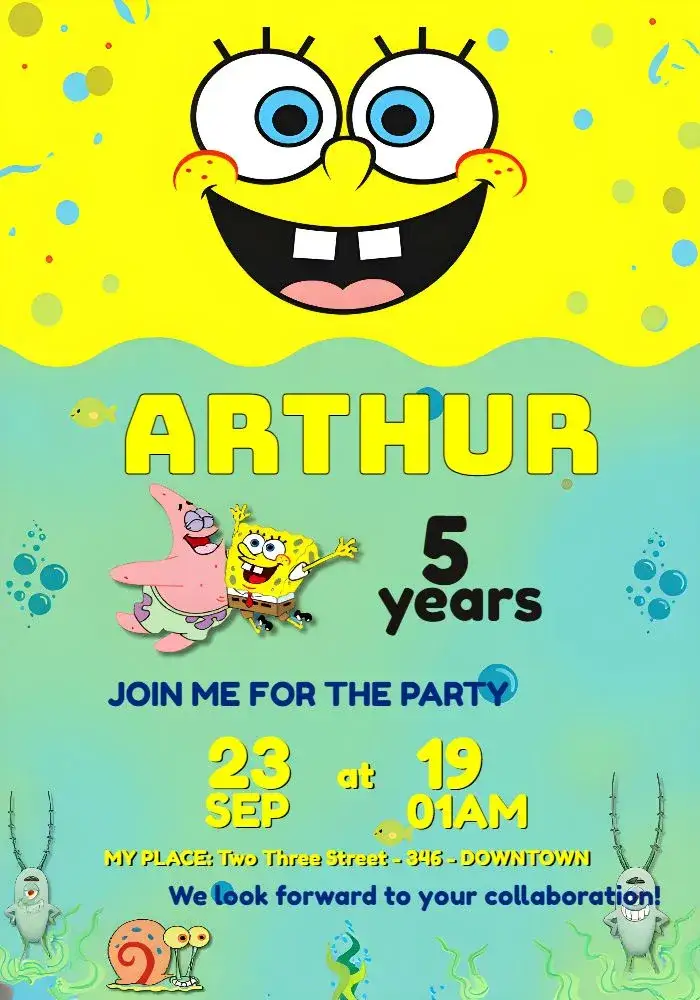 Invitation Bob Sponge Sea – Most searched for theme colorful, navy, childish, fun, lively, themed