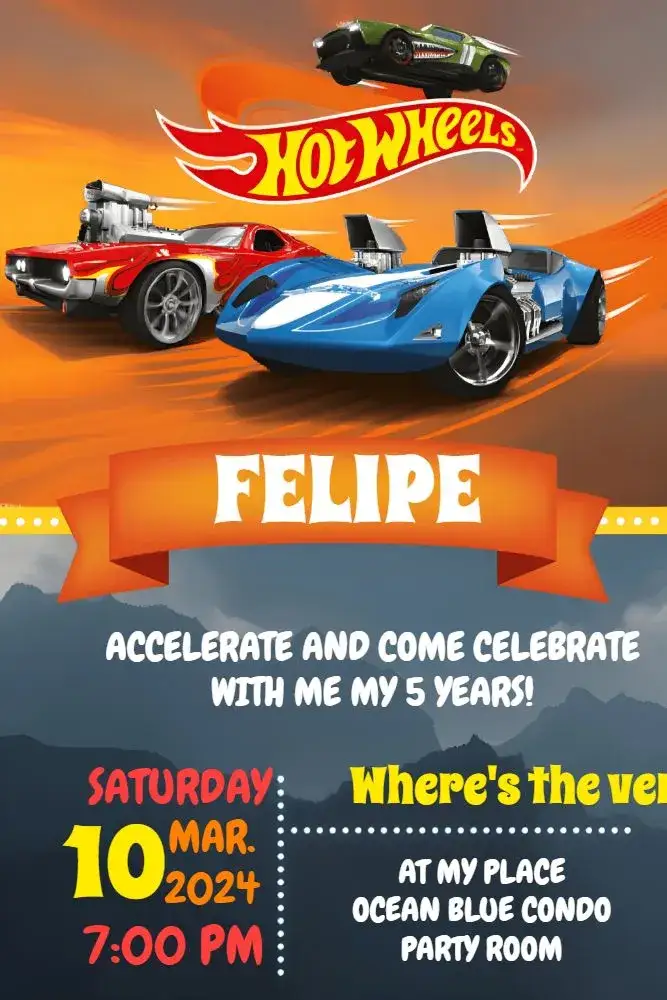 Invitation Hotwheels Boy – Most searched for theme cart theme, blue, orange, modern, fun, themed