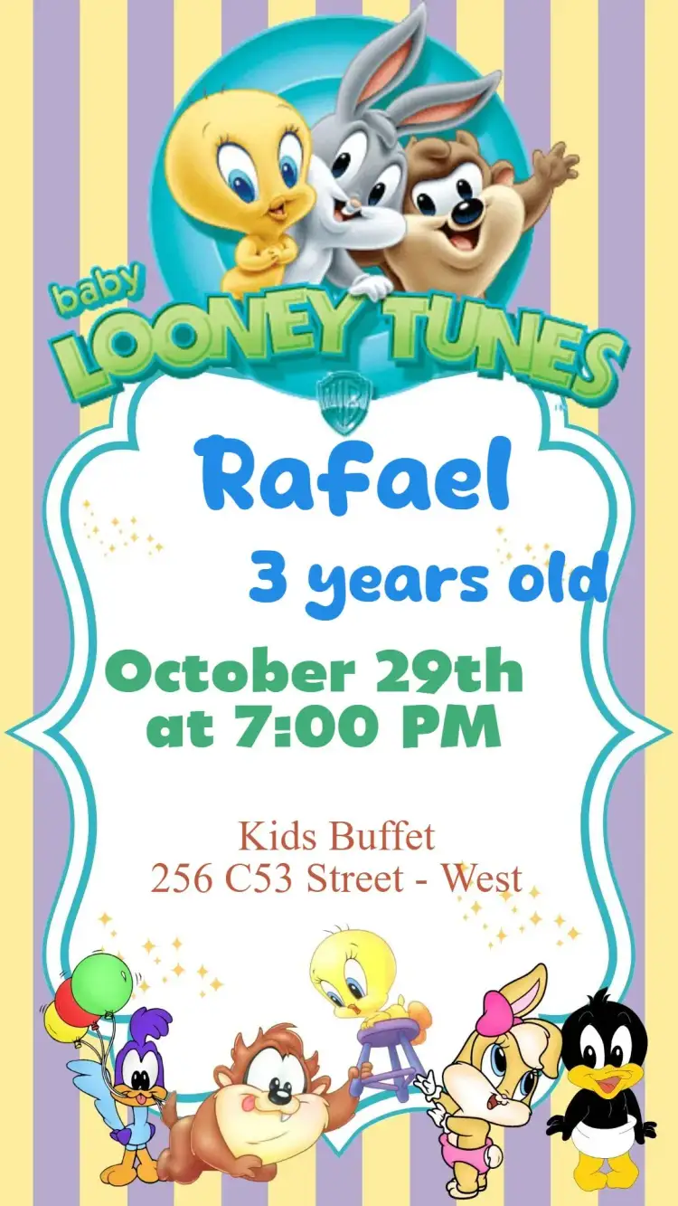 Invitation Looney Tunes – Kids' Birthday Party theme colorful, fun, playful, themed, playful