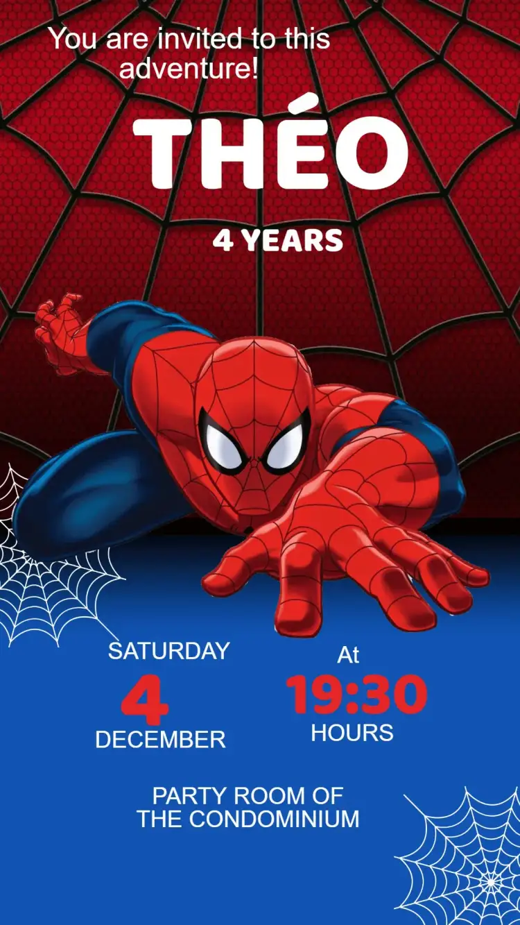 Invitation Editable and Personalized Spider-Man Kids Digital Invitation – Kids' Birthday Party theme colorful, urban, superhero, fun, youthful
