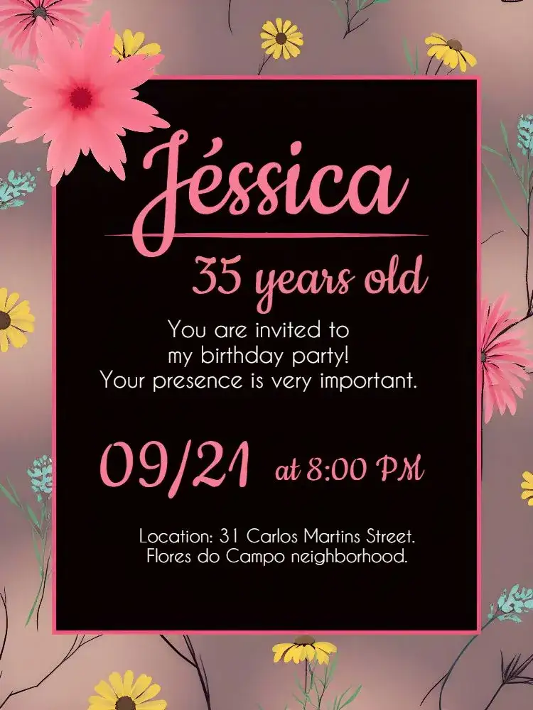 Invitation Delicate Floral – Birthday theme floral, elegant, modern, delicate, pink and black, adult style
