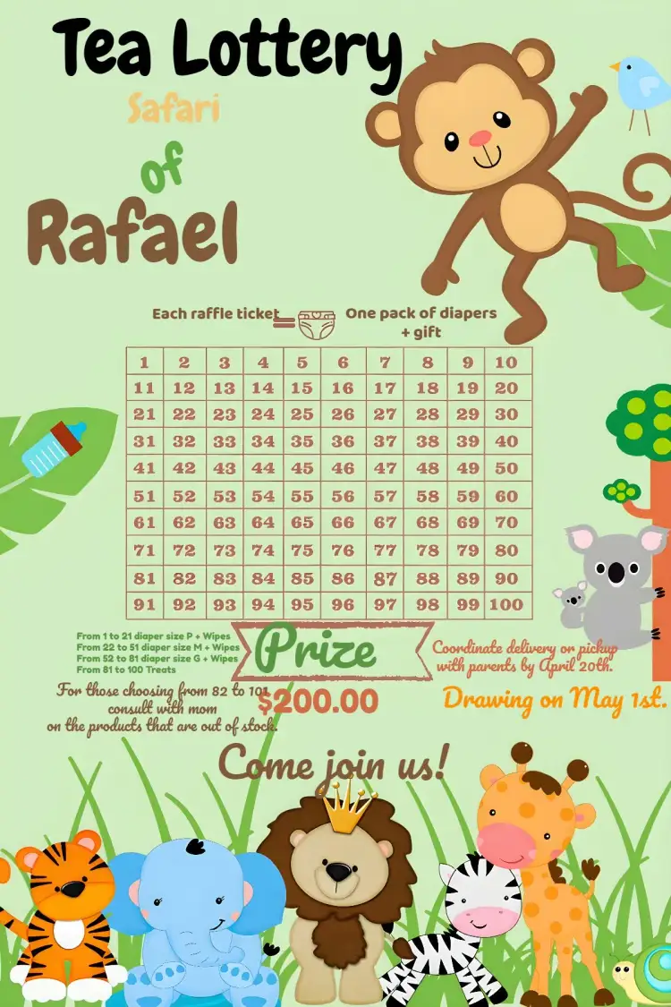 Invitation Safari Animals Diaper Raffle Tea – Diaper Shower theme safari, animals, nature, colorful, childish, fun