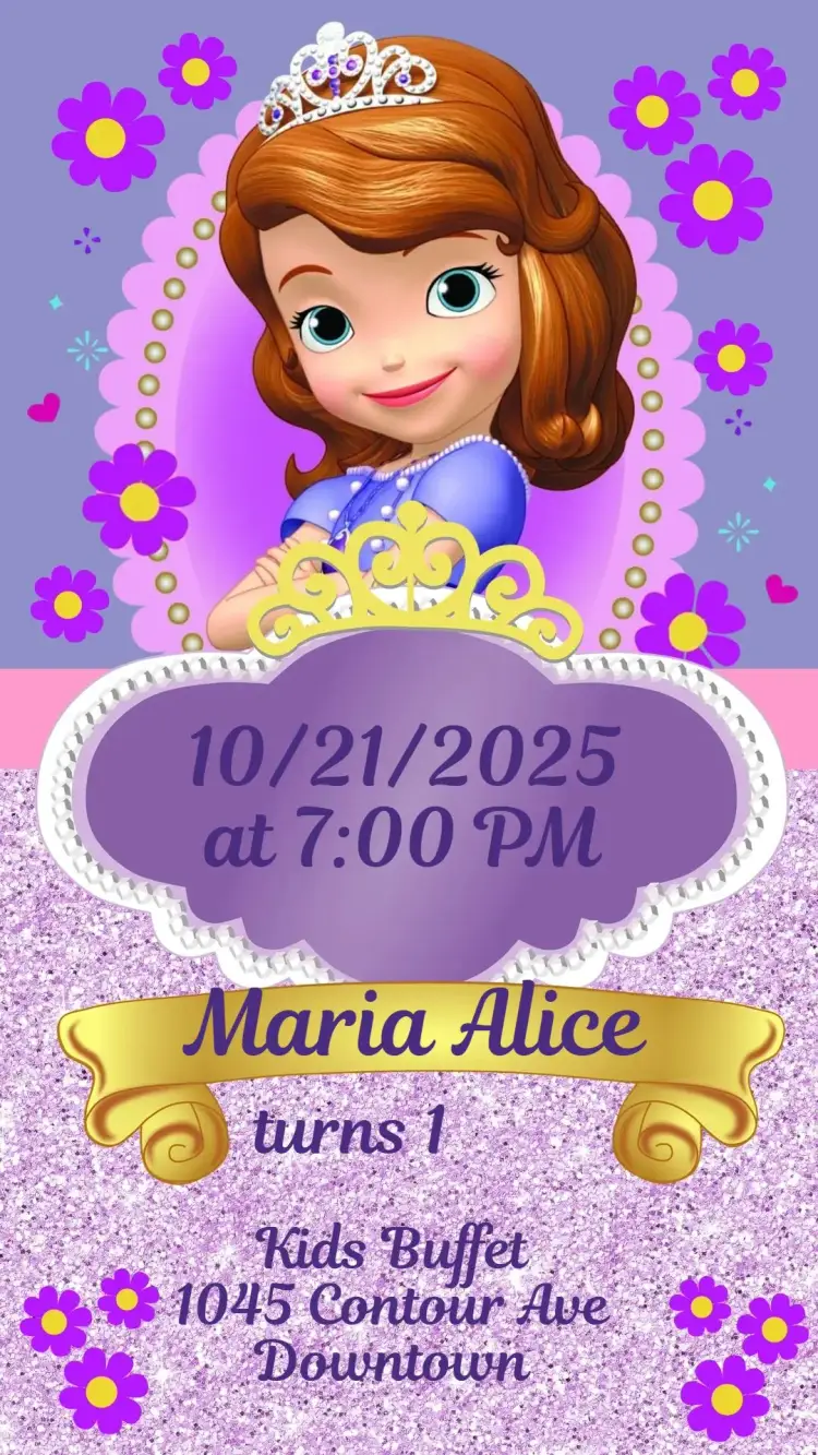 Invitation Princess Sofia – Kids' Birthday Party theme soft colors, playful style, fairy tale elements, charming design, childlike aesthetic, delicate details