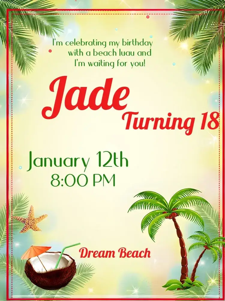 Invitation Adult Unisex – Birthday theme beach, summer, palm trees, modernity, vibrant colors