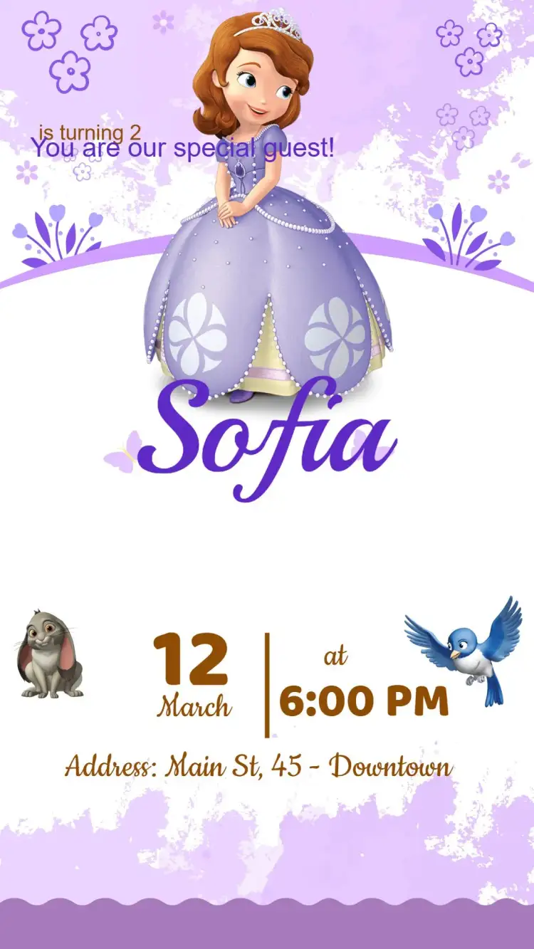 Invitation Princess Sofia Birthday Invitation – Kids' Birthday Party theme colorful, childlike, playful, themed, feminine, enchanted