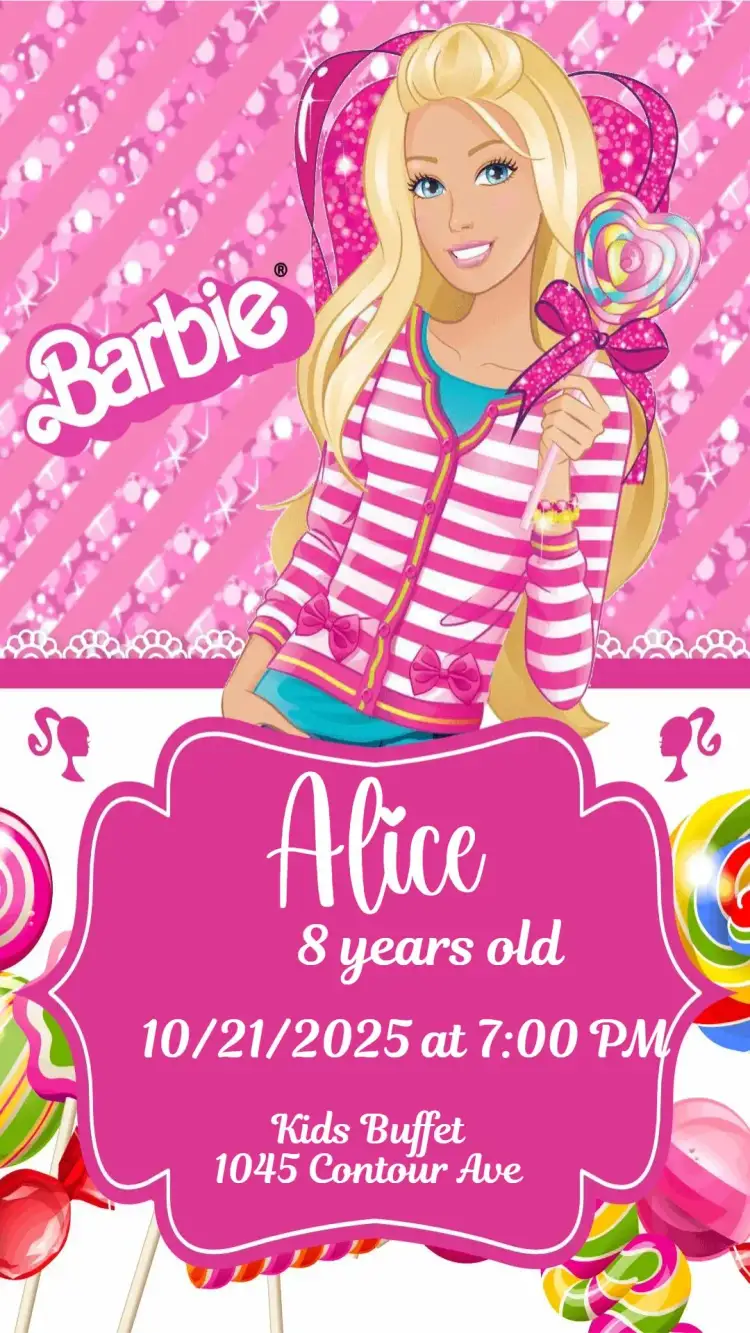 Invitation Barbie – Birthday theme candy, colorful, childish, fun, feminine