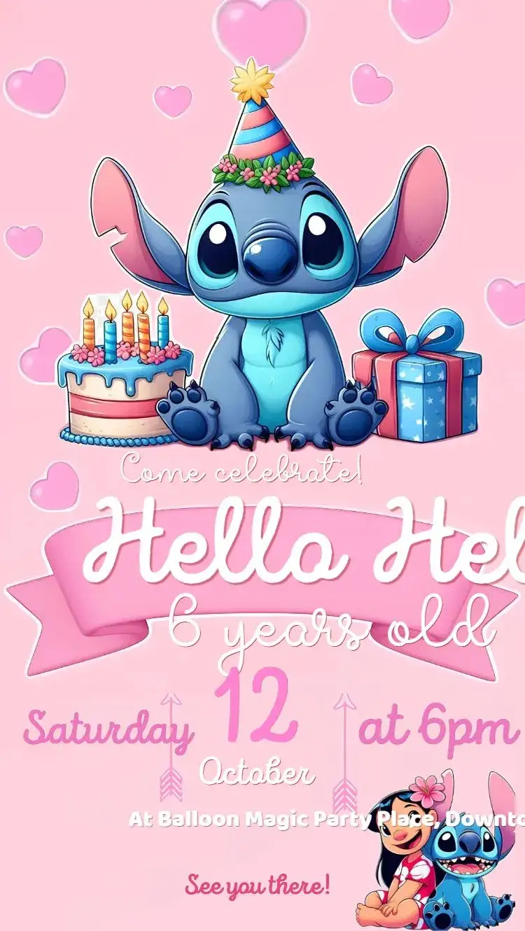 Invitation Stitch pink birthday – Kids' Birthday Party theme pink, pastel, fun, themed, childlike, colorful