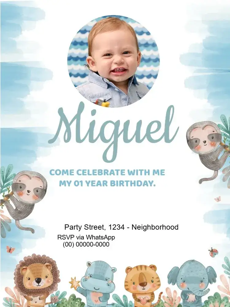 Invitation Safari Infant Boy Animals – Kids' Birthday Party theme safari, aquarela, animais, azul, delicado