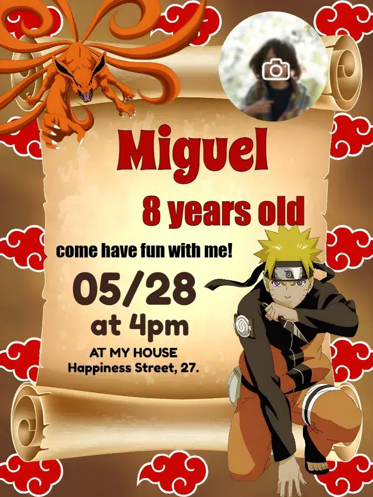 Invitation Naruto With Yellow Photo – Kids' Birthday Party theme anime, colorful, childish, ninja, themed