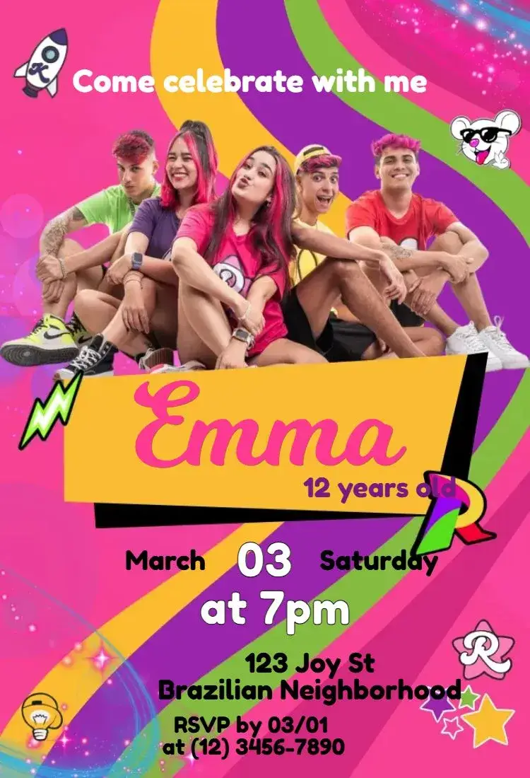 Invitation Emily Vick Waves Roses Invitation – Most searched for theme pink, fun, modern, colorful, childish, inspired by YouTubers
