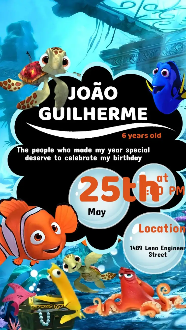 Invitation Finding Nemo Birthday Invitation – Kids' Birthday Party theme navy blue, colorful, playful, fun, adventurous, sea animals