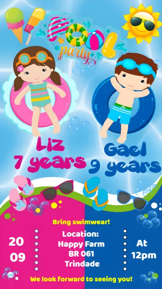 Invitation Girl and Boy Pool Party Invitation – Most searched for theme pool, summer, sunset, pastel colors, fun, vacation