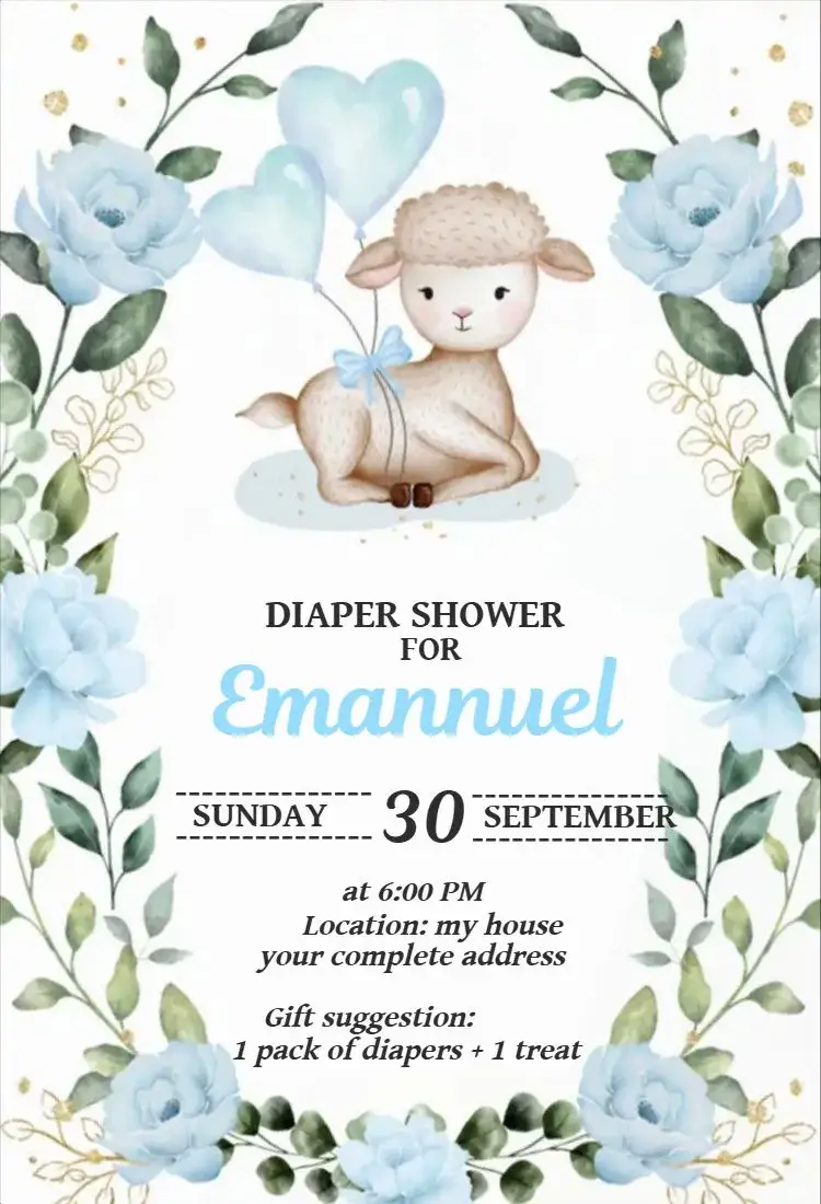 Invitation Baby Shower Little Lamb Boy – Diaper Shower theme watercolor, floral, blue, delicate, childlike, lovely