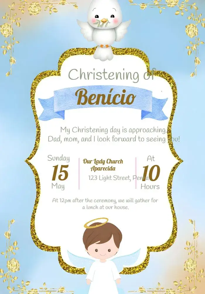Invitation Boy Blue Peace Baptism – Baptism theme blue, golden, white, minimalist, childish, religious