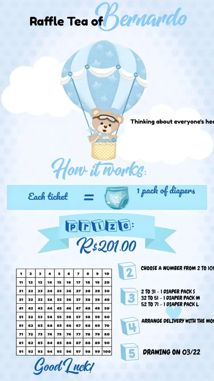 Invitation Tea Raffle Balloon Bear Baby – Raffle Tea theme blue, white, playful, childlike, cute, balloon-themed