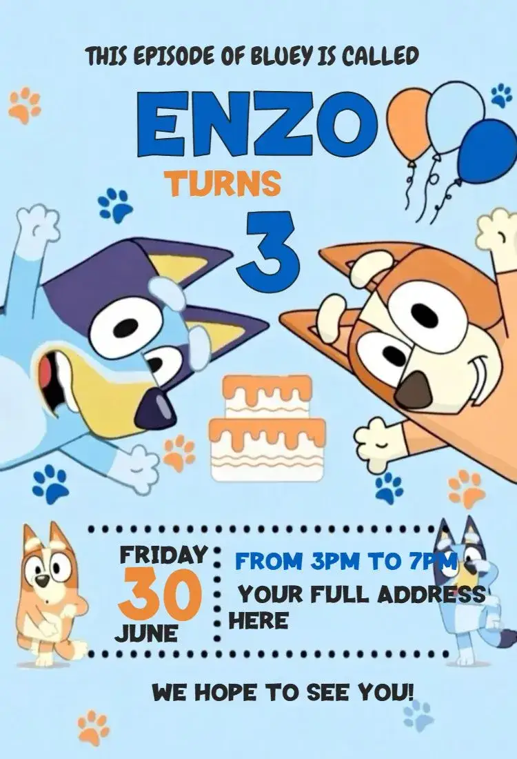 Invitation Bluey boy 1 – Birthday theme blue, fun, childish, colorful, modern