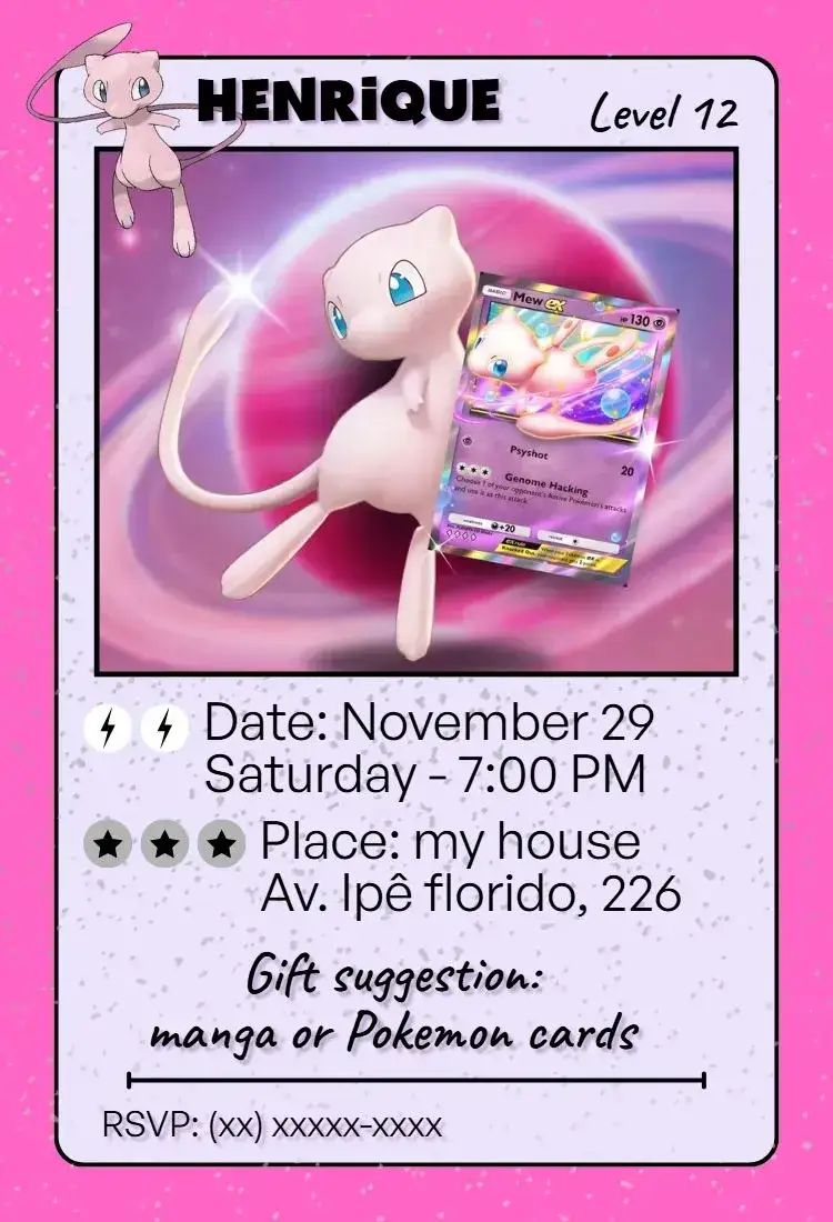 Invitation Pokemon Card Mew ex – Kids' Birthday Party theme colorful, funny, themed, modern, kids
