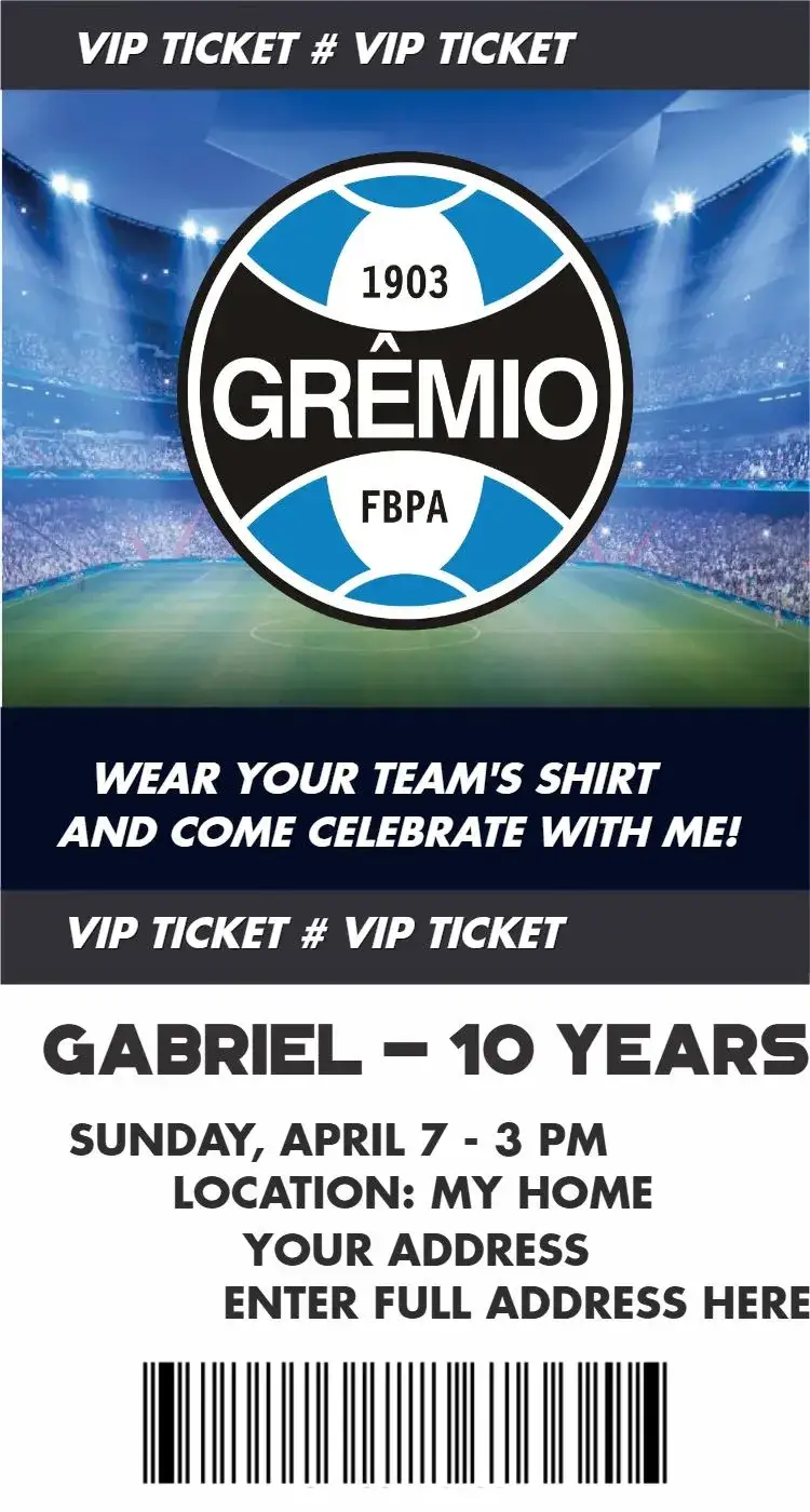 Invitation Grêmio ticket – Birthday theme football, modern, colorful, sporty, vibrant