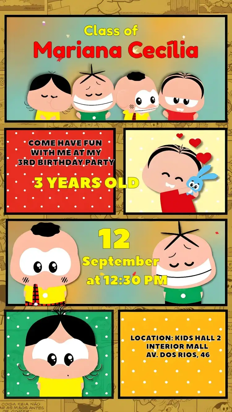 Invitation Turma Da Mônica Toy Comics – Kids' Birthday Party theme colorful, comic book, childish, fun, playful, modern
