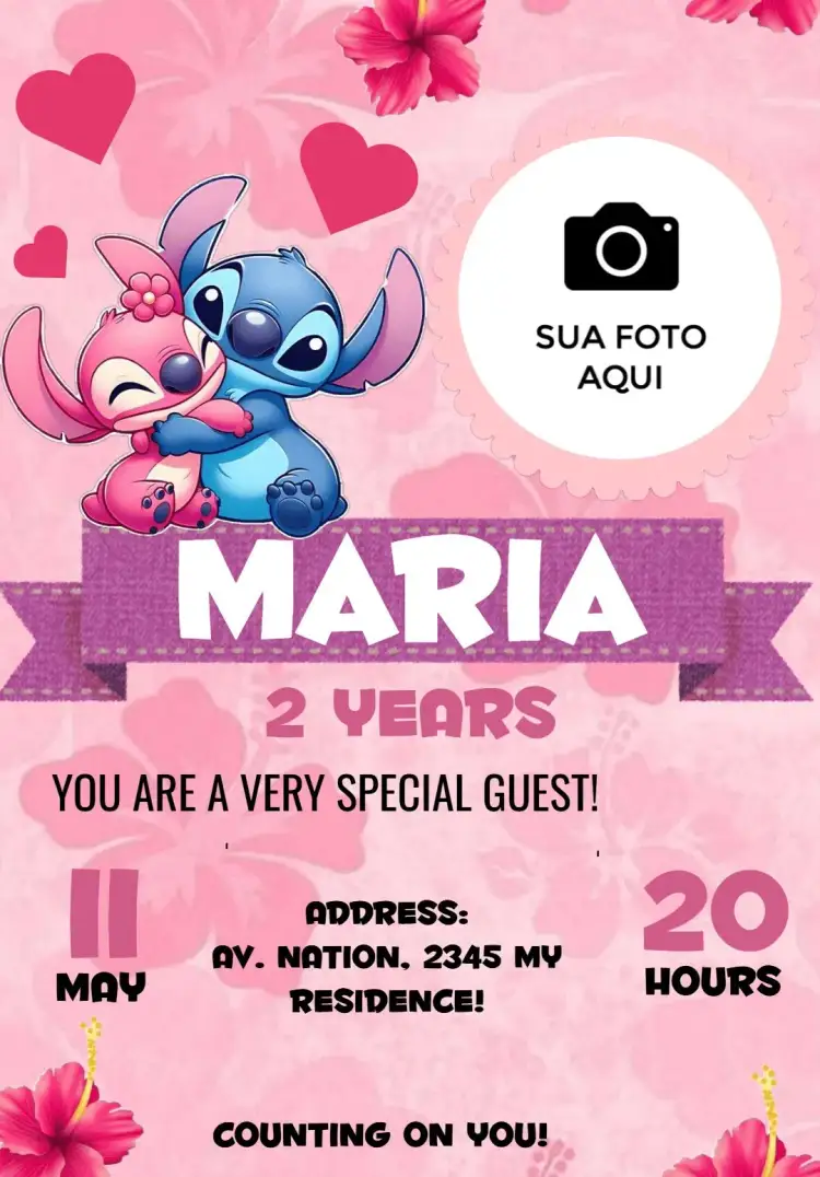 Invitation Stitch And Angel With Blue Photo – Most searched for theme Disney, colorful, childish, modern, funny, themed