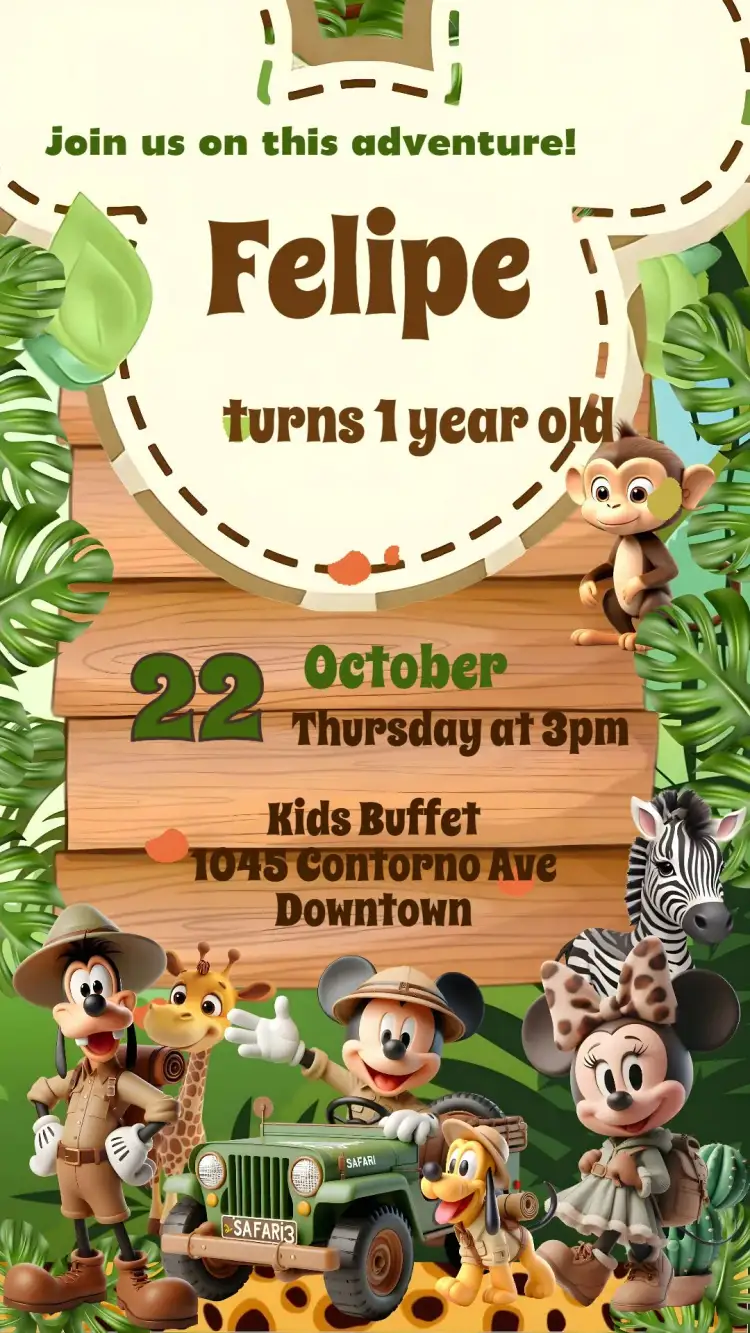 Invitation Mickey – Kids' Birthday Party theme colorful, fun, themed, children's, animals, safari