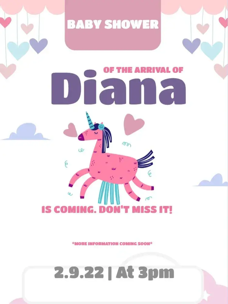Invitation Unicorn and Hearts Baby Shower Card Night – Card theme playful, delicate, nighttime, soft colors, fantasy, childlike