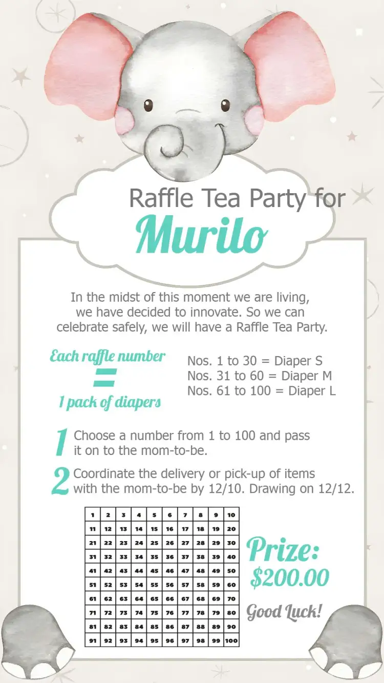 Invitation Elephant Elephant Raffle Tea – Raffle Tea theme safari, gray, white, blue, cute, modern