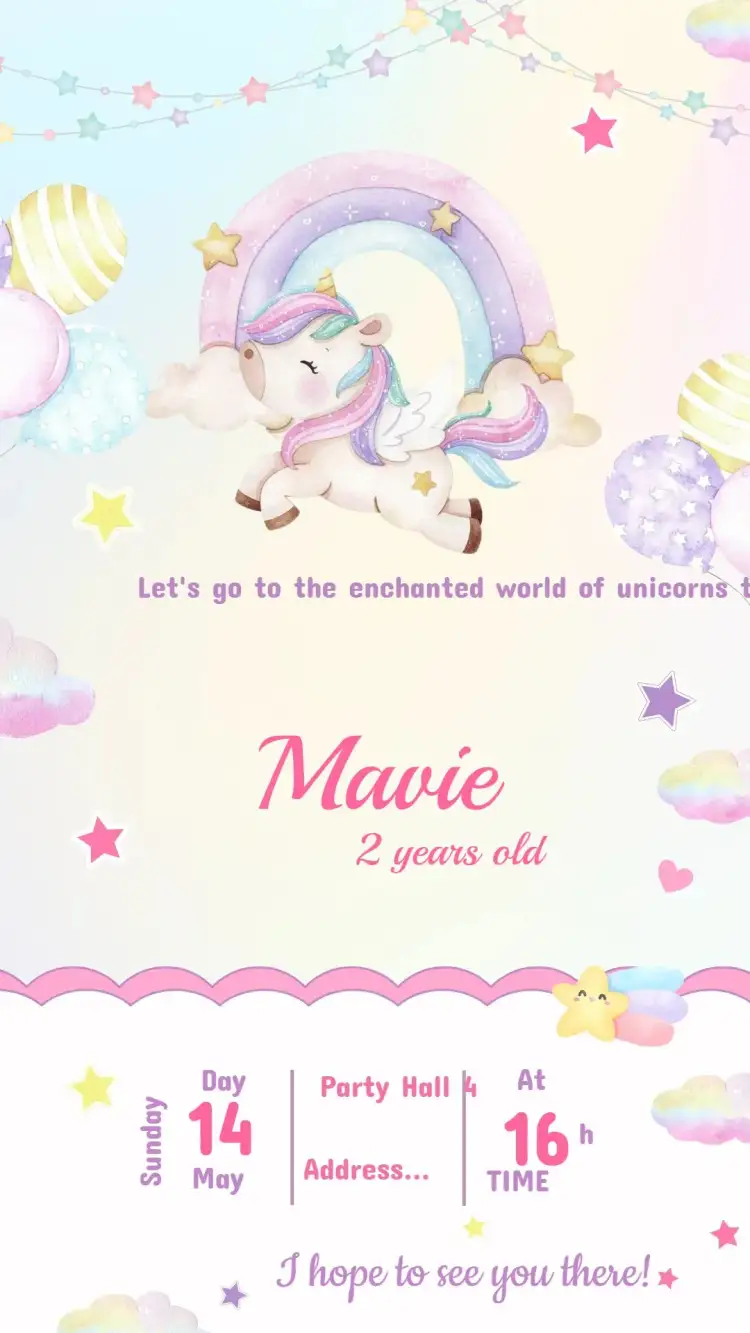 Invitation Unicorn Birthday Invitation – Kids' Birthday Party theme soft colors, magical, unicorn illustrations, playful style, fantasy, sparkle