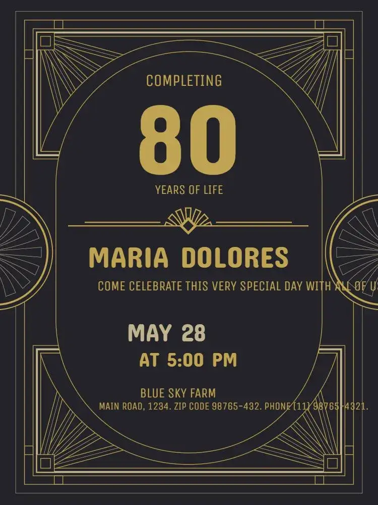 Invitation 80 Years Dark Adult – Kids' Birthday Party theme elegant, classic, geometric, black, golden, modern