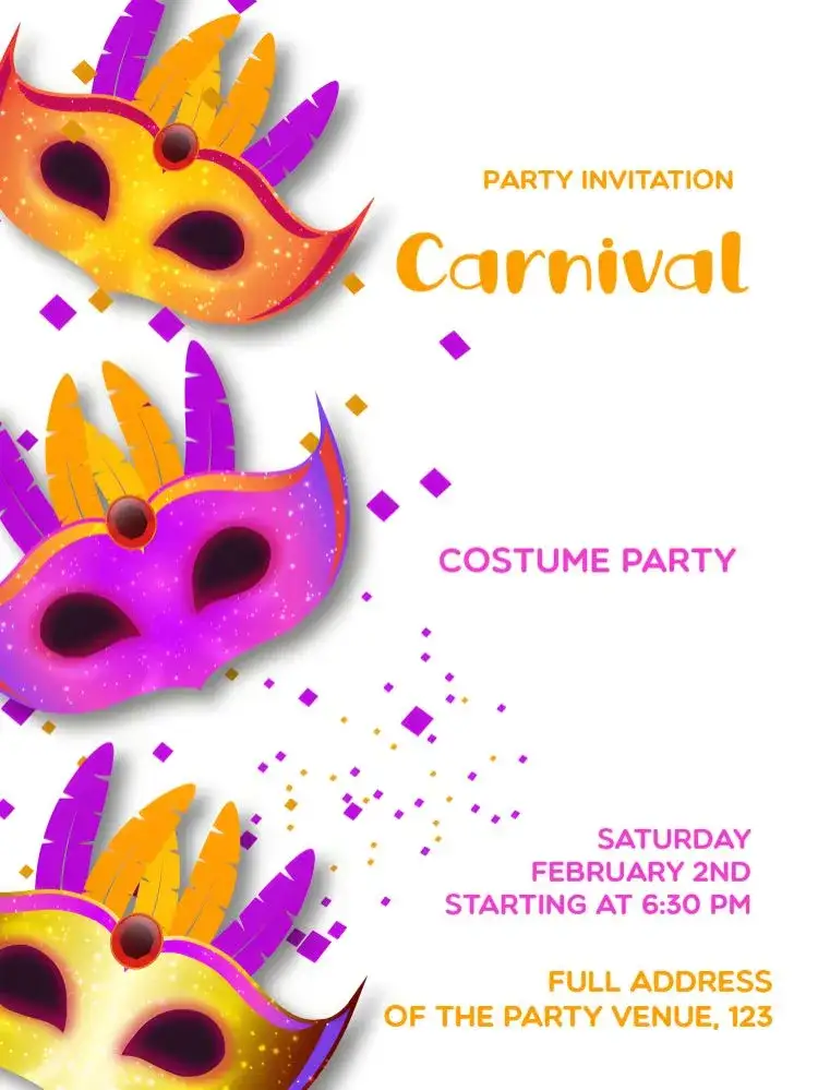 Invitation Carnival Masks – Commemorative Dates theme colorful masks, festive style, allegorical elements, vibrant colors, contemporary design, carnival-inspired