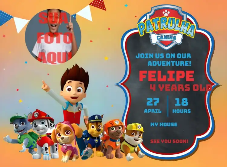 Invitation Paw Patrol With Photo Souvenir – Kids' Birthday Party theme children's theme, vibrant colors, modern style, Paw Patrol graphic elements, colorful design, fun layout