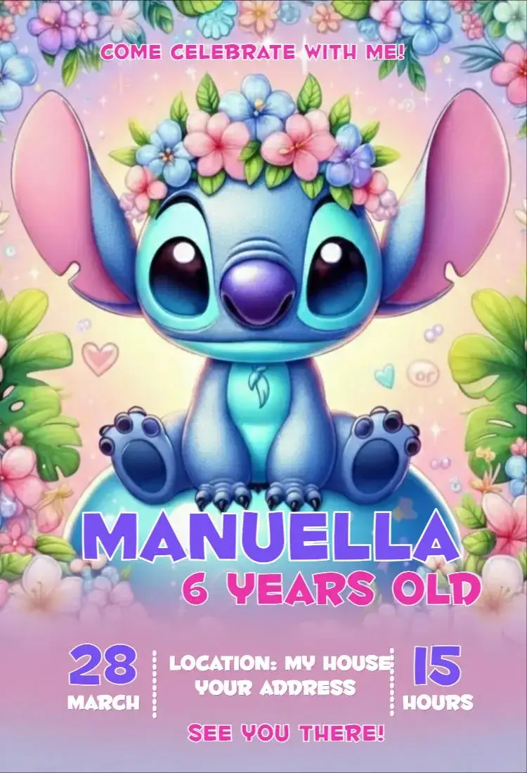Invitation Stitch 3 – Birthday theme pink, fun-filled, childish, themed, colorful, playful