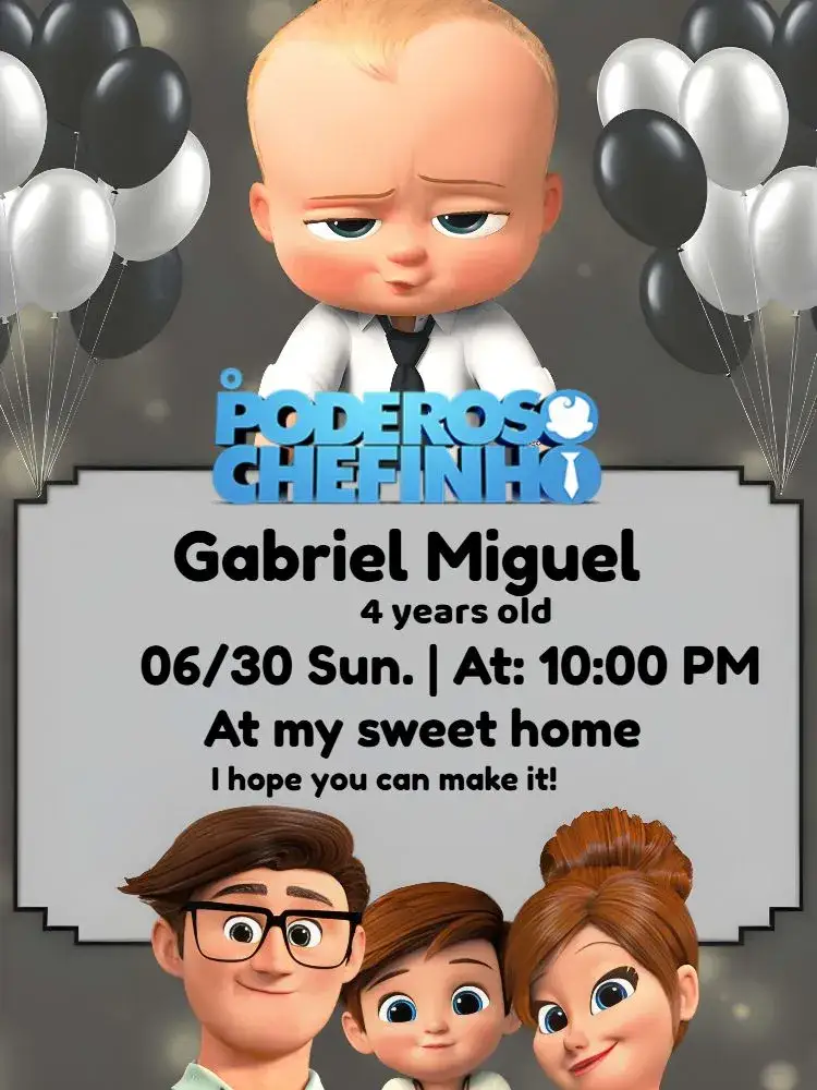 Invitation The Mighty Black Boss Baby – Most searched for theme black, modern, fun, childish, themed