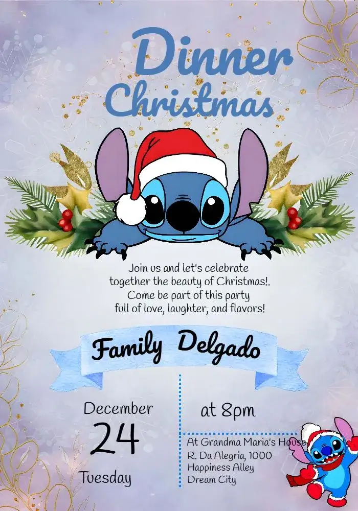 Invitation For Christmas Dinner Stitch Watercolor – Commemorative Dates theme aquarela, blue, Disney, festive, fun, themed